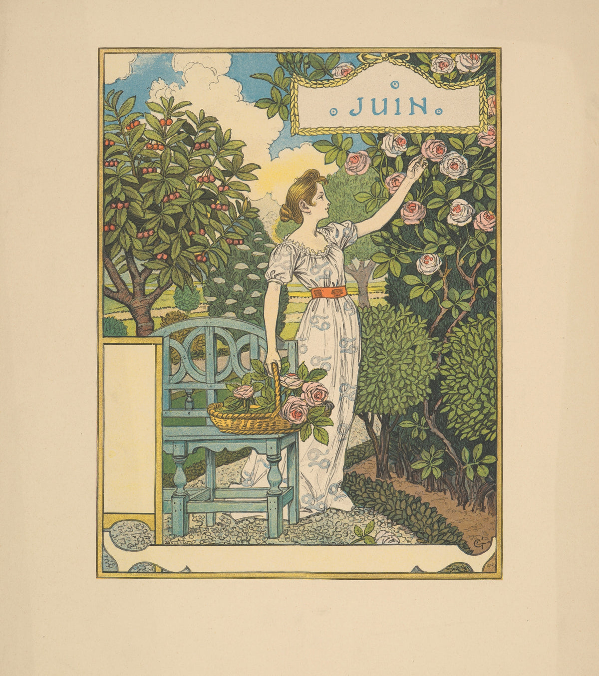 Juin by Eugène Grasset — A woman in white picks roses beside a basket and a blue garden chair