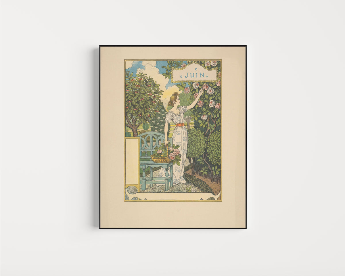 Framed art print of Juin by Eugène Grasset, in a slim black frame on a plain white wall