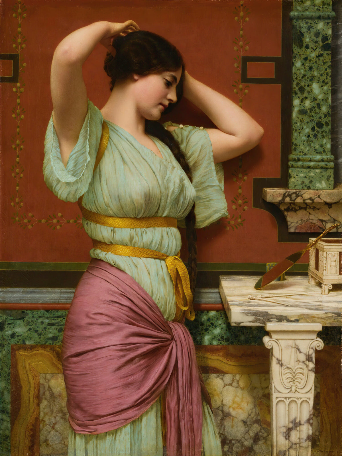 Julia by John William Godward — A woman in pale green pins up her dark hair beside a marble table