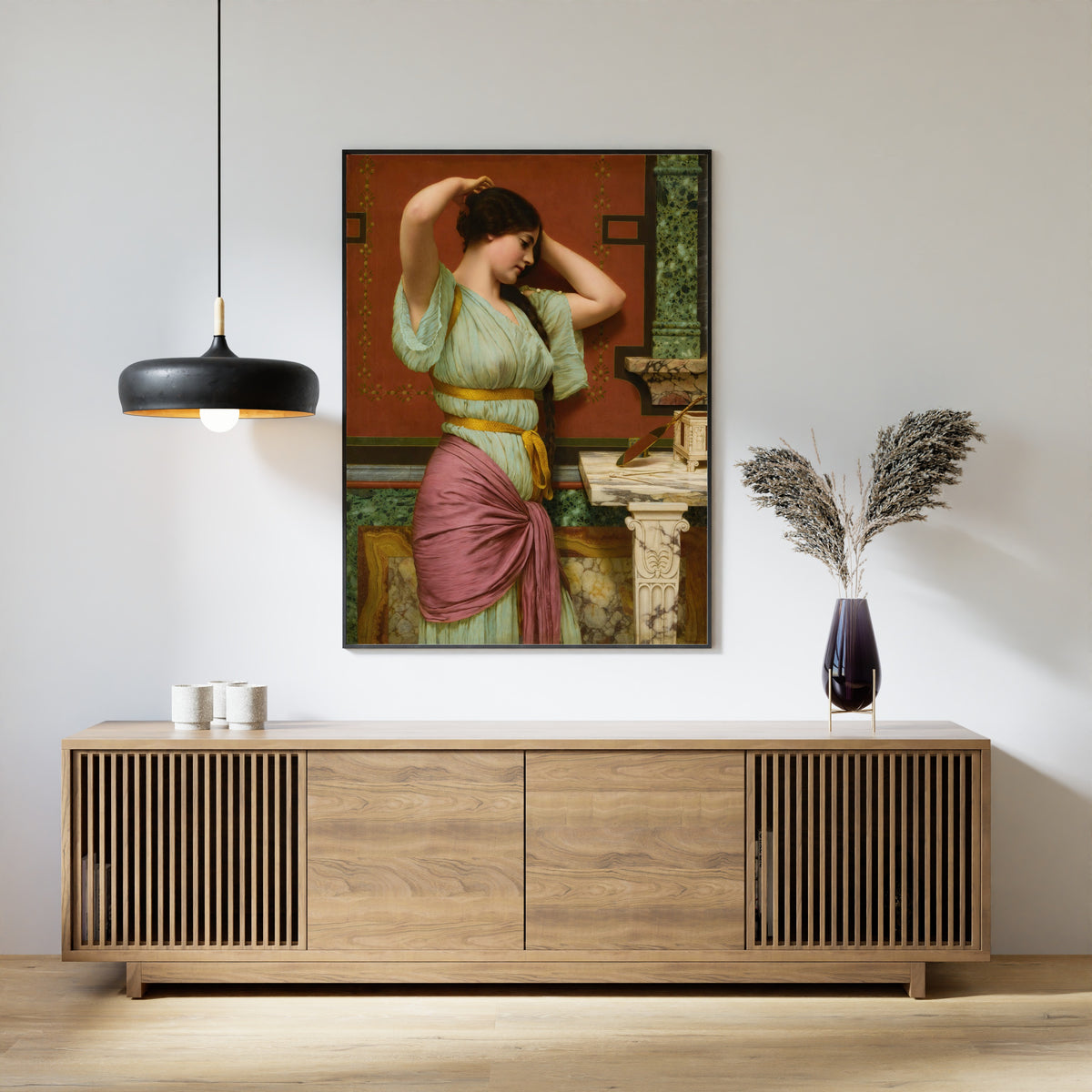 Framed art print of Julia by John William Godward, above a slatted wood sideboard