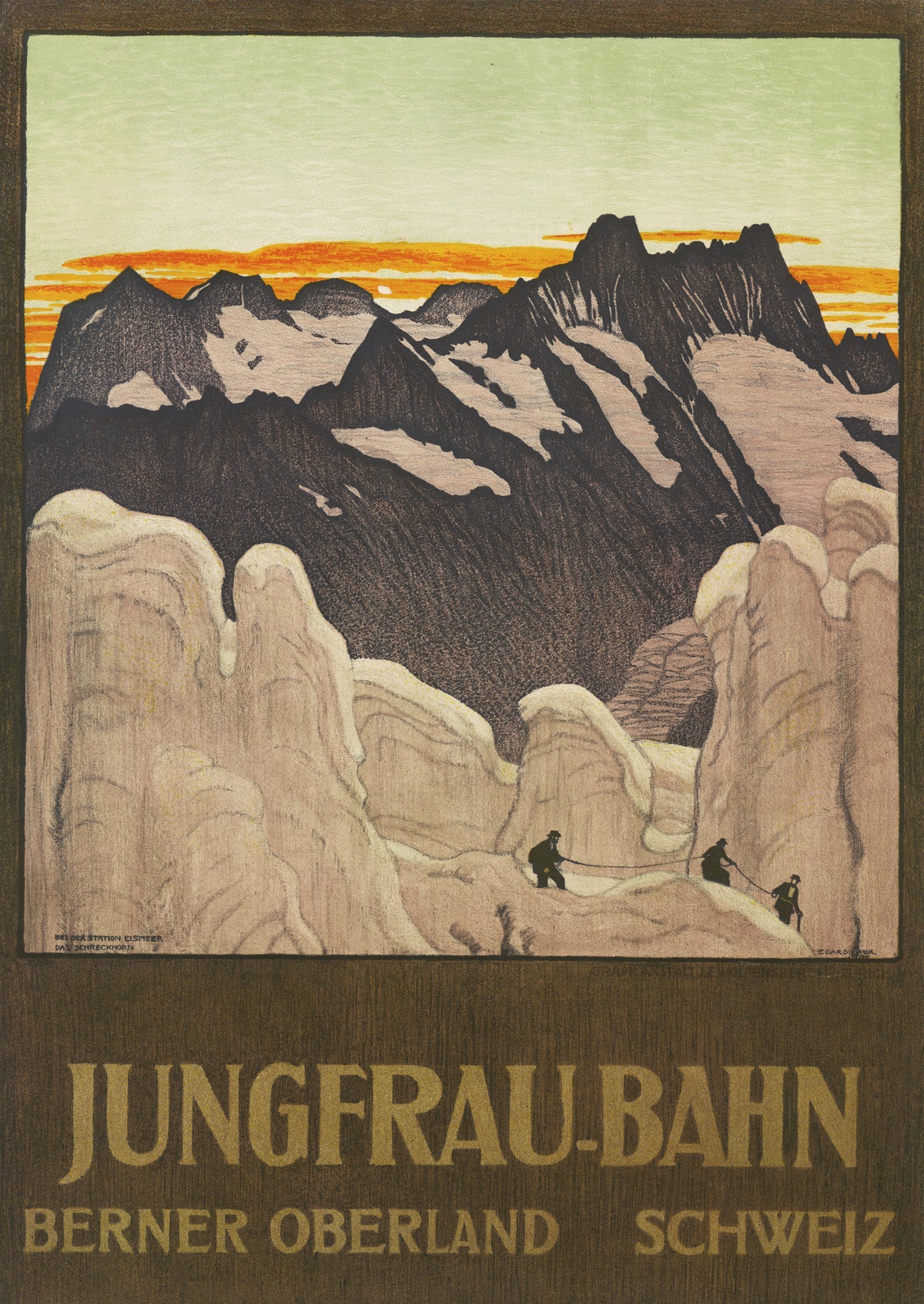 Jungfrau-Bahn: Berner Oberland, Schweiz by Emil Cardinaux — Three roped climbers cross a glacier below dark peaks at sunset