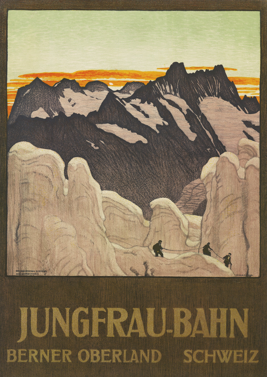 Emil Cardinaux — Jungfrau-Bahn: Berner Oberland, Schweiz | Vintage Poster Print shown to scale on a wall above a sofa