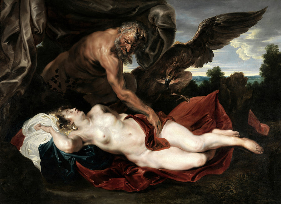 Anthony van Dyck — Jupiter and Antiope | Fine Art Print shown to scale on a wall above a sofa