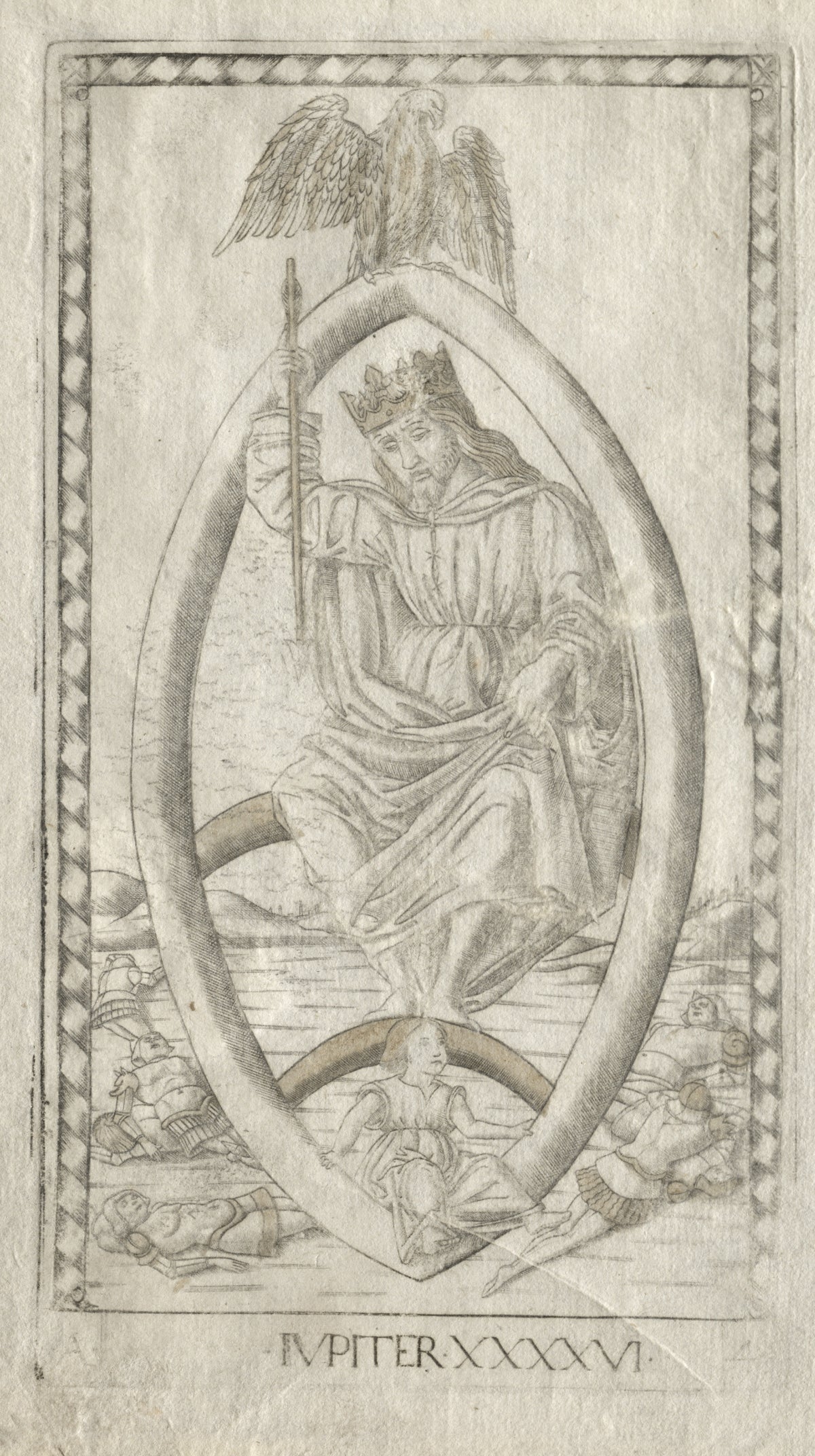 Jupiter (from the Tarocchi, Series A: Firmaments of the Heavens) by Master of the E-Series Tarocchi — Crowned Jupiter sits in an almond-shaped frame beneath