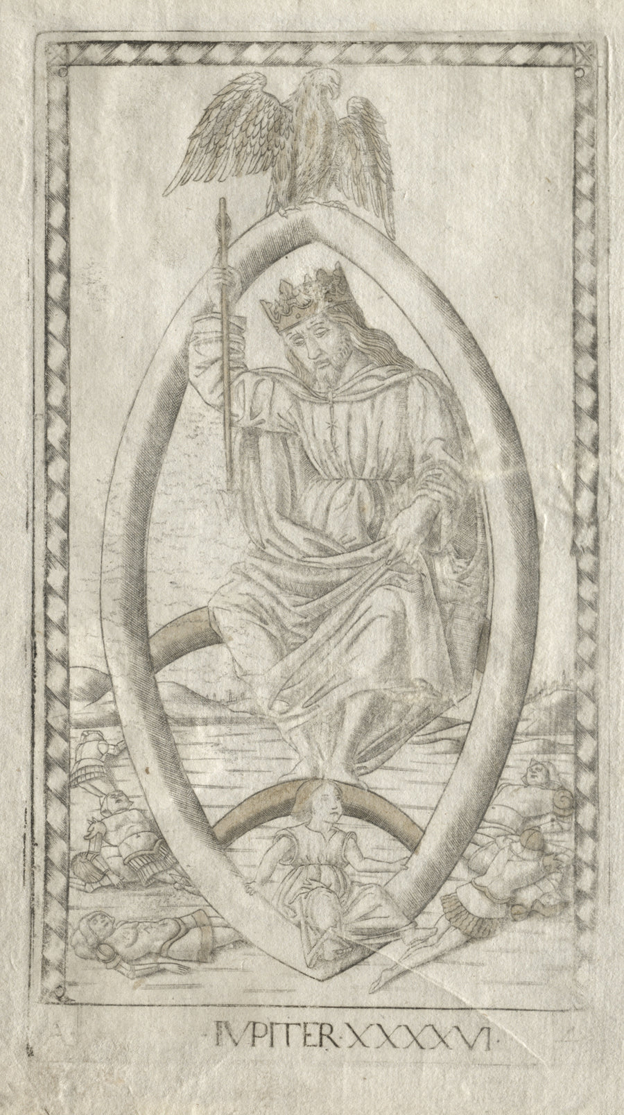 Master of the E-Series Tarocchi — Jupiter (from the Tarocchi, Series A: Firmaments of the Heavens) | Esoteric Art Print shown to scale on a wall above a sofa