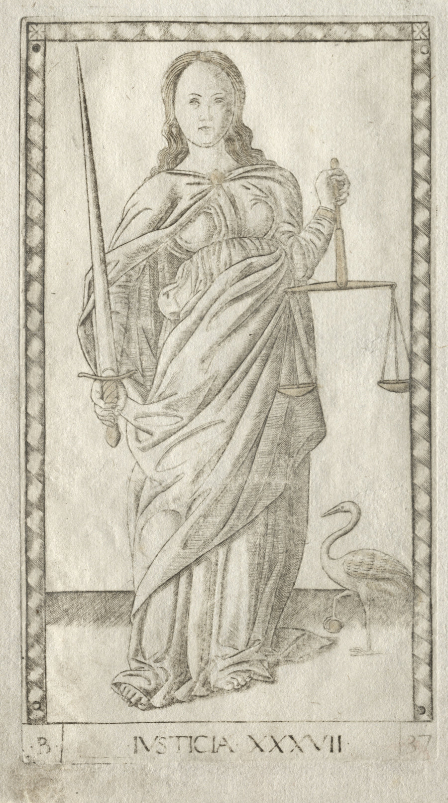 Master of the E-Series Tarocchi — Justice (from the Tarocchi, Series B: Cosmic Principles & Virtues, no. 37) | Esoteric Art Print shown to scale on a wall above a sofa