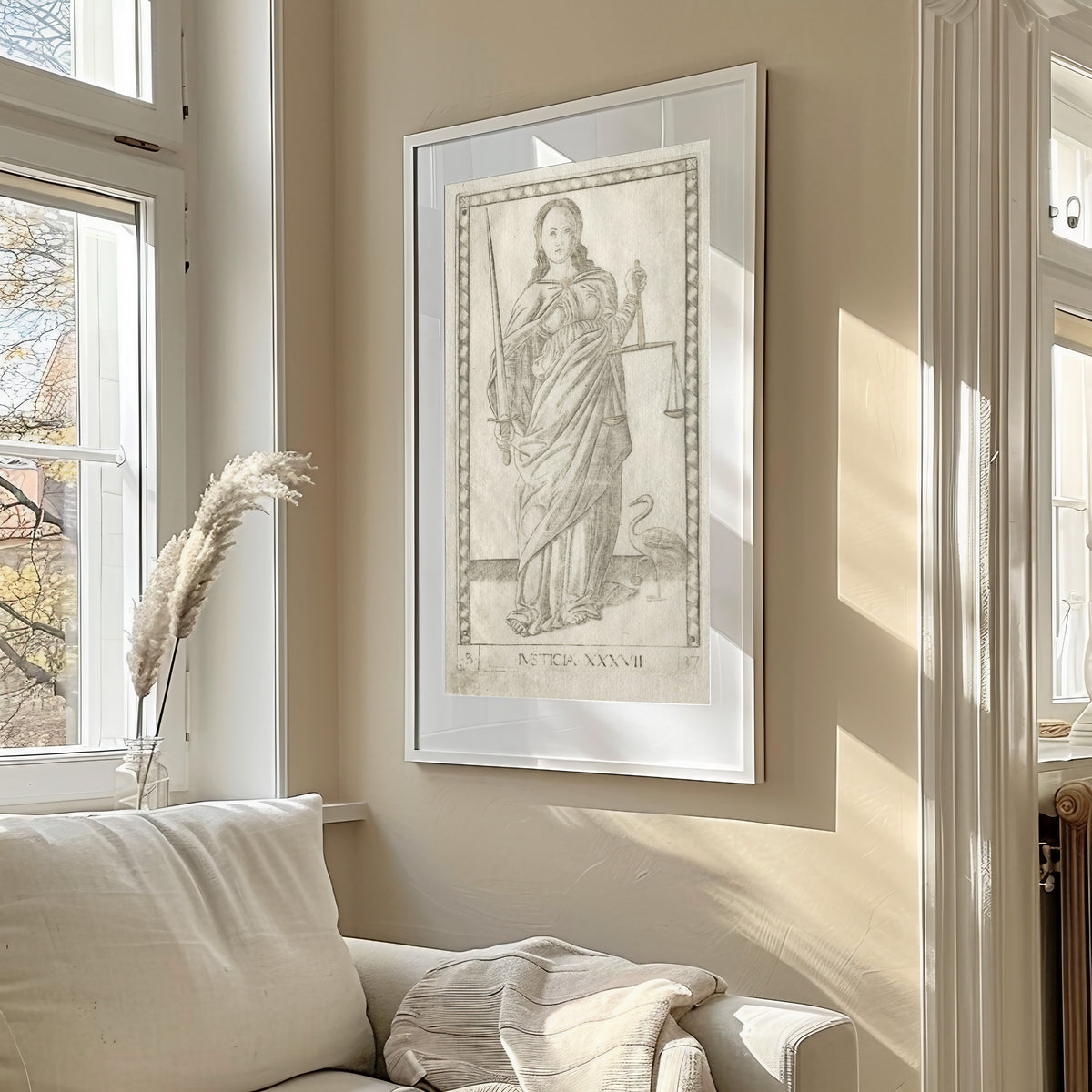 Framed art print of Justice (from the Tarocchi, Series B: Cosmic Principles &… by Master of the E-Series Tarocchi, in a sunlit living room above a sofa