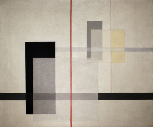 K VII by László Moholy-Nagy — Translucent grey planes crossed by a single thin red line