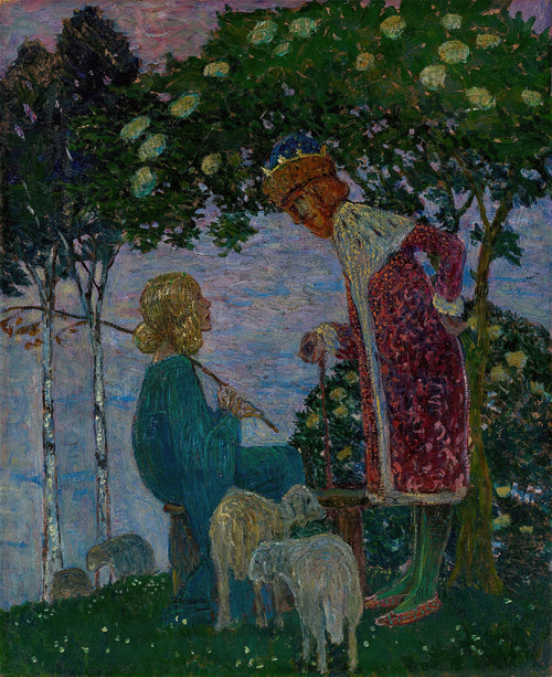 König und Schäferin by Heinrich Vogeler — A crowned king bends over a seated shepherdess and her sheep at dusk