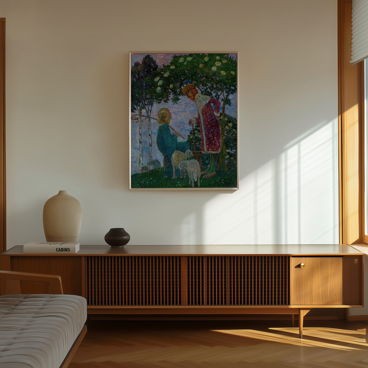 Framed art print of König und Schäferin by Heinrich Vogeler, in a thin light frame on a sunlit wall above a wooden sideboard
