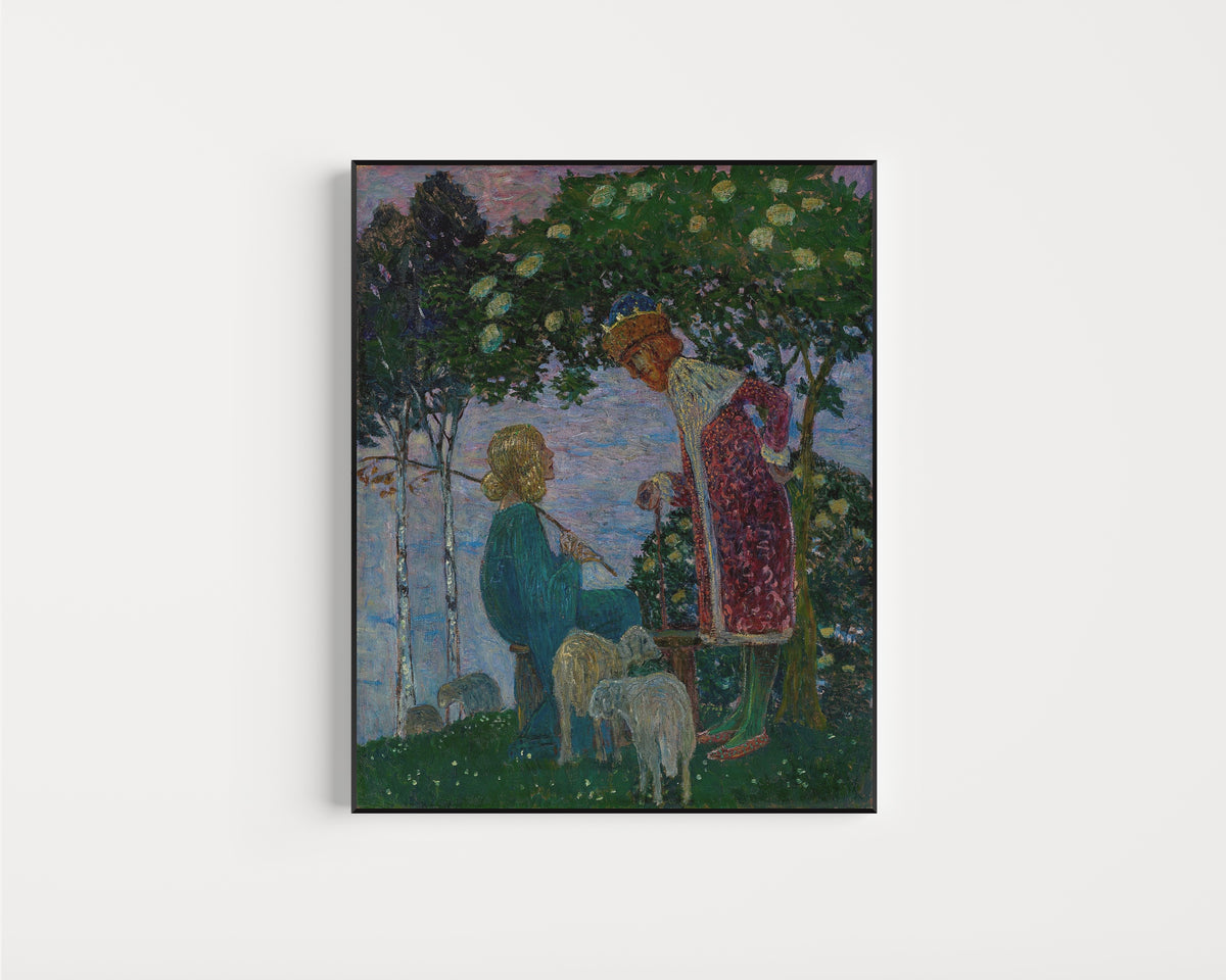 Framed art print of König und Schäferin by Heinrich Vogeler, in a slim black frame on a plain white wall