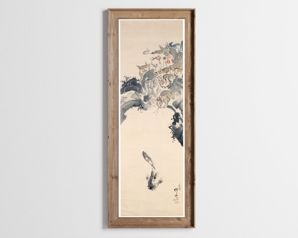 Cats Fishing a Catfish by Kawanabe Kyosai — shown framed on a wall