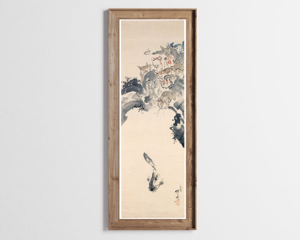 Kawanabe Kyosai — Cats Fishing a Catfish | Japanese Ink Painting Art Print