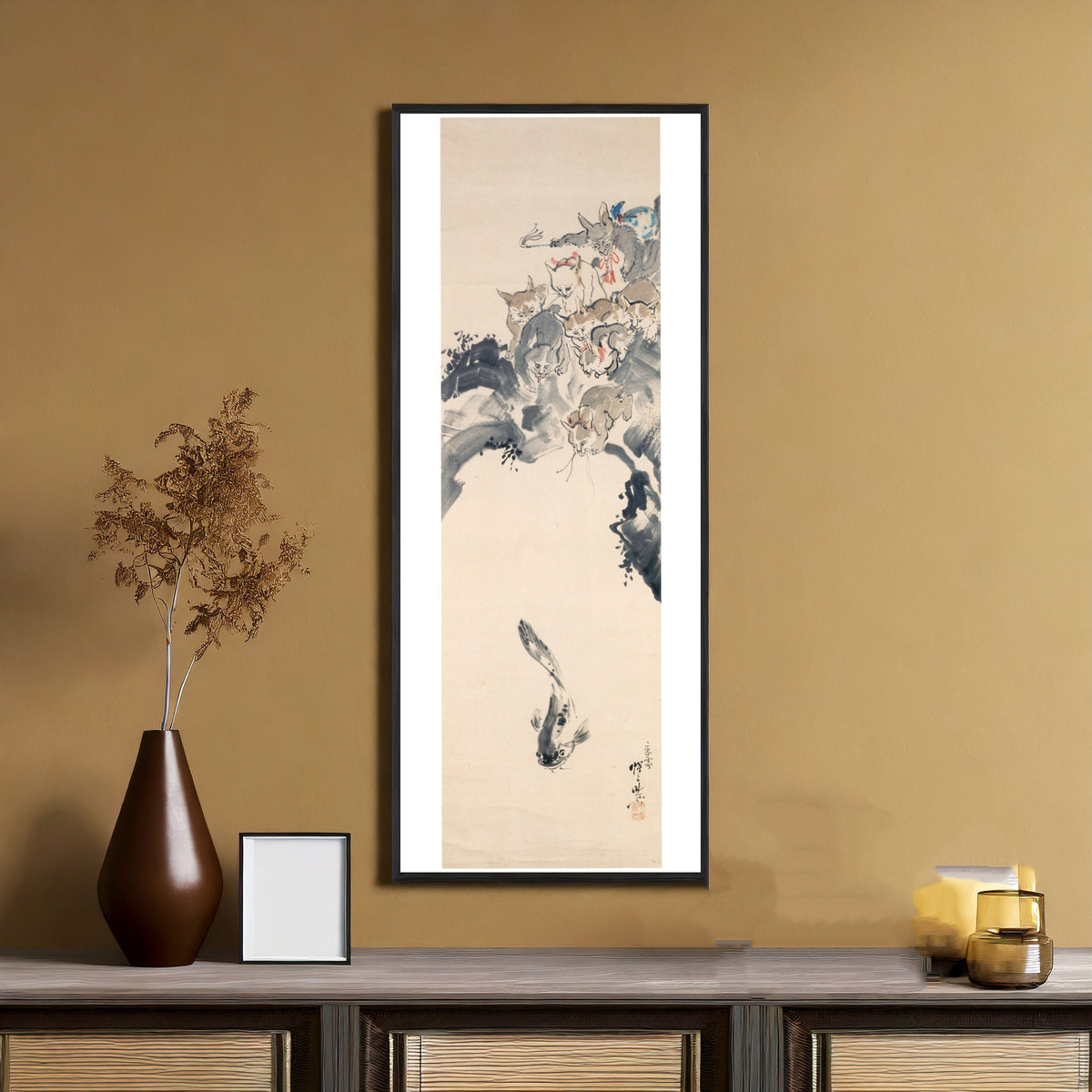 Cats Fishing a Catfish by Kawanabe Kyosai — shown framed on a wall