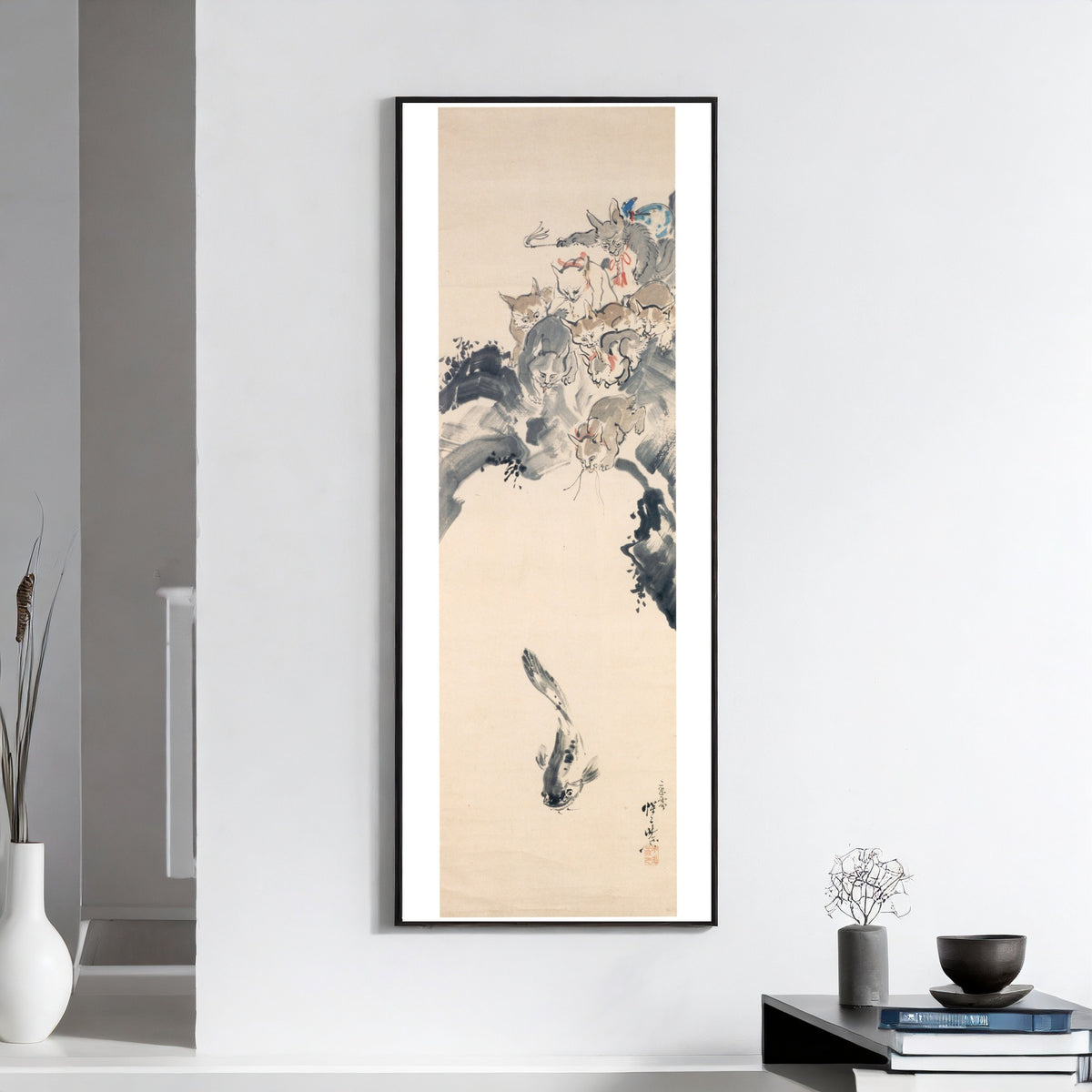 Cats Fishing a Catfish by Kawanabe Kyosai — shown framed on a wall