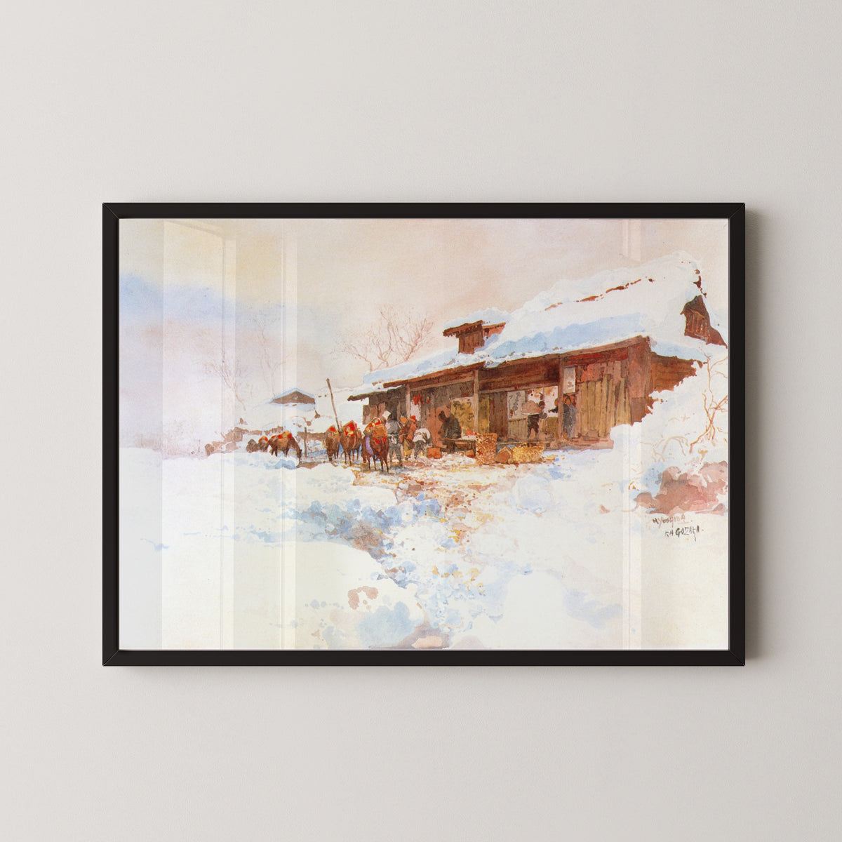Framed art print of Kagozaka by Hiroshi Yoshida, in a black frame on a pale wall