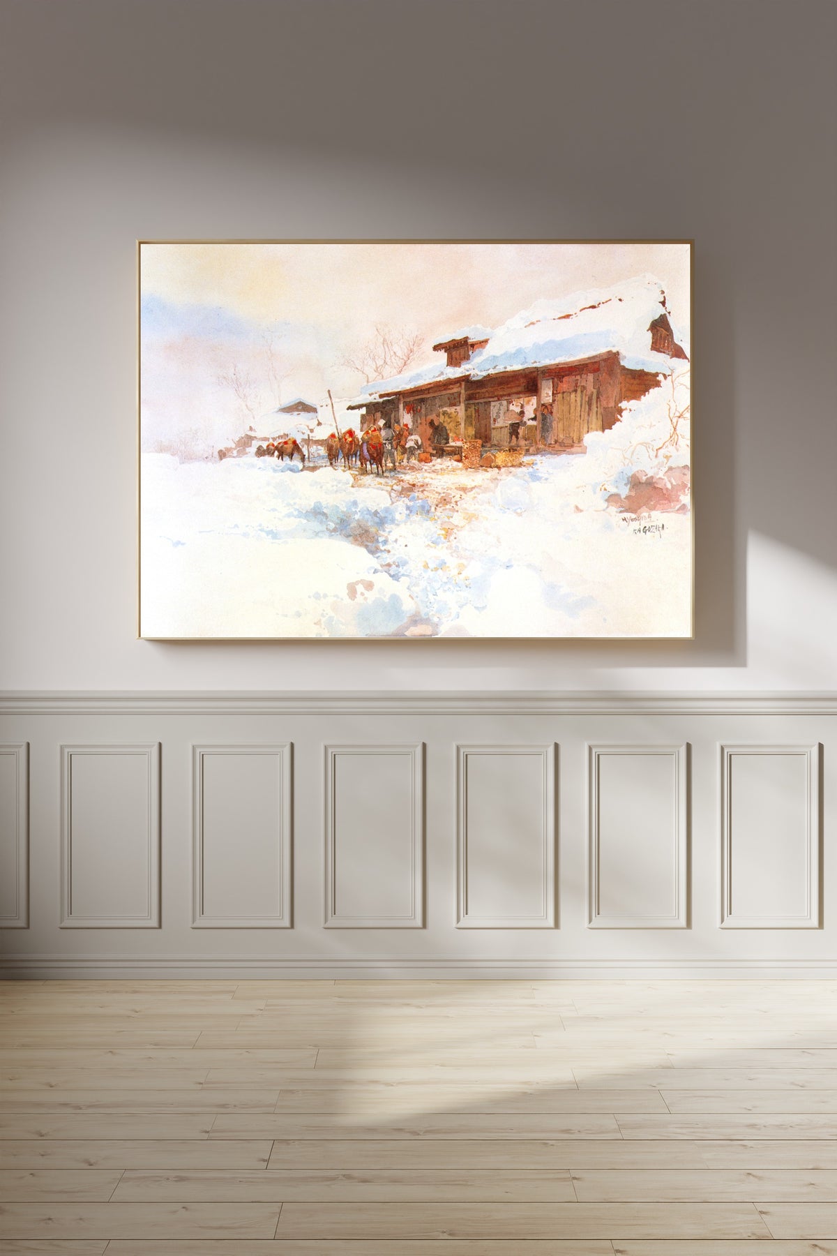 Framed art print of Kagozaka by Hiroshi Yoshida, on a panelled wall in afternoon light