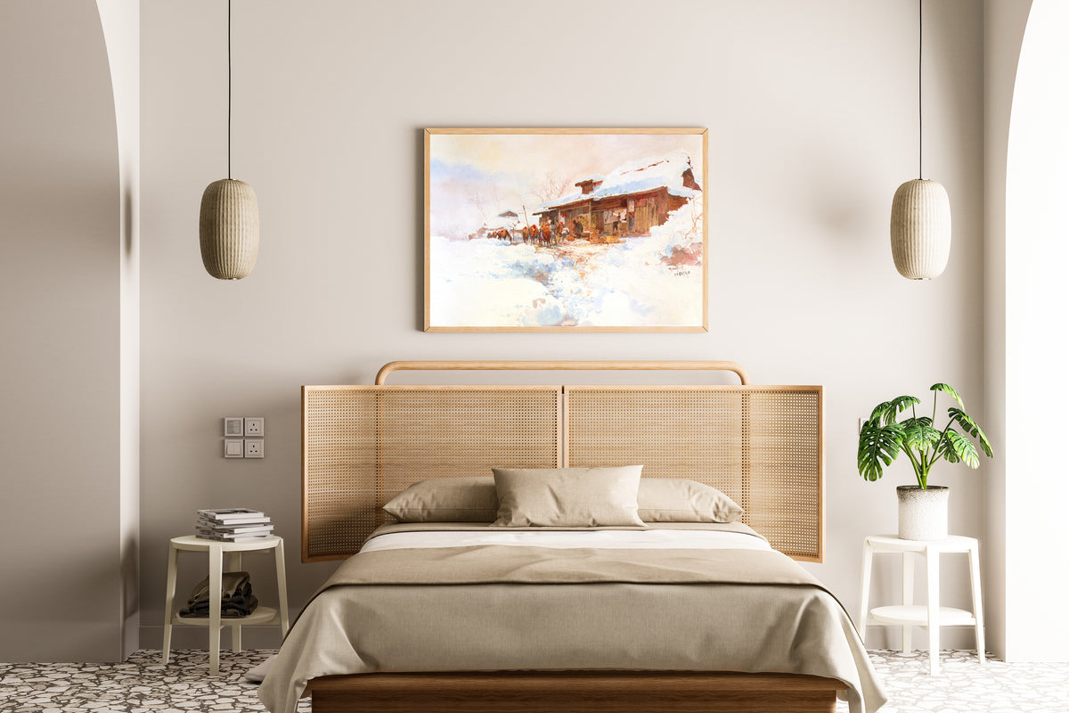 Framed art print of Kagozaka by Hiroshi Yoshida, above a cane-headboard bed