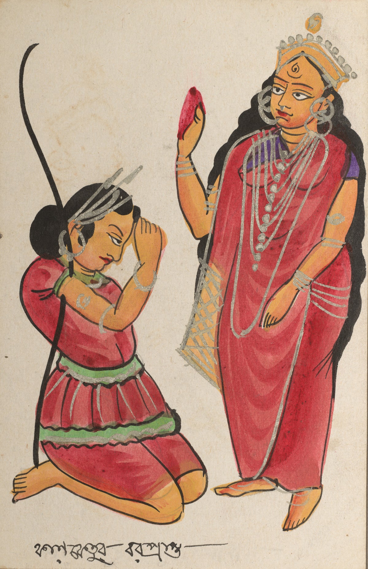Kalaketu Receiving a Boon from the Goddess Chandi by Kalighat painter — A kneeling man with a bow bows before a standing goddess