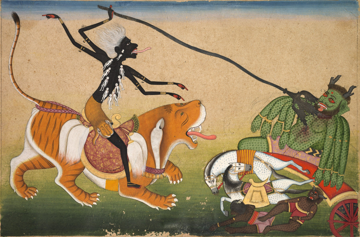 Kali Attacking Nisumbha by Pahari school — Black-skinned Kali on a tiger drives her trident at a green demon