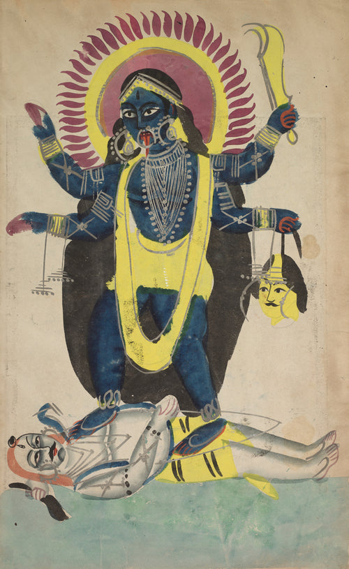 Kali Dancing on Shiva by Kalighat painter — A four-armed blue goddess steps on a reclining figure