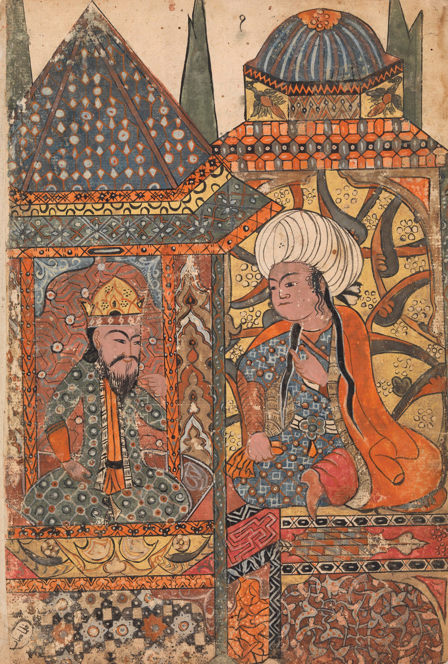 Kalila wa Dimna: Burzuyeh is Summoned by Nushirvan on his Return from India | Islamic Manuscript Painting Print shown to scale on a wall above a sofa