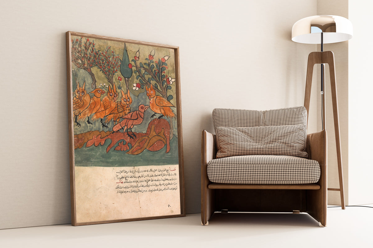 Kalila wa Dimna: The Crow Spy Talks to the King of the Owls and His Ministers | Islamic Manuscript Painting Print
