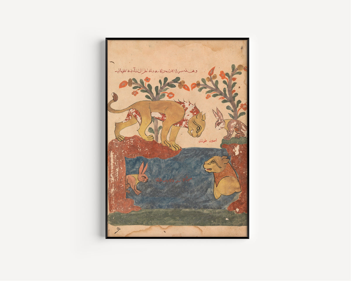 Framed art print of Kalila wa Dimna: The Hare, the Lion, and the Well, in a slim black frame on a plain white wall