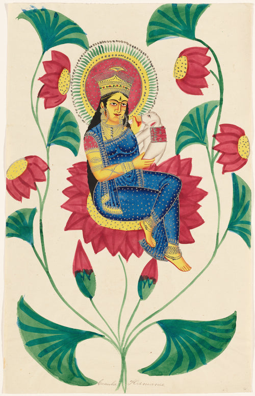 Kamala Kamini by Kalighat painter — A crowned goddess on a red lotus holds a small white elephant