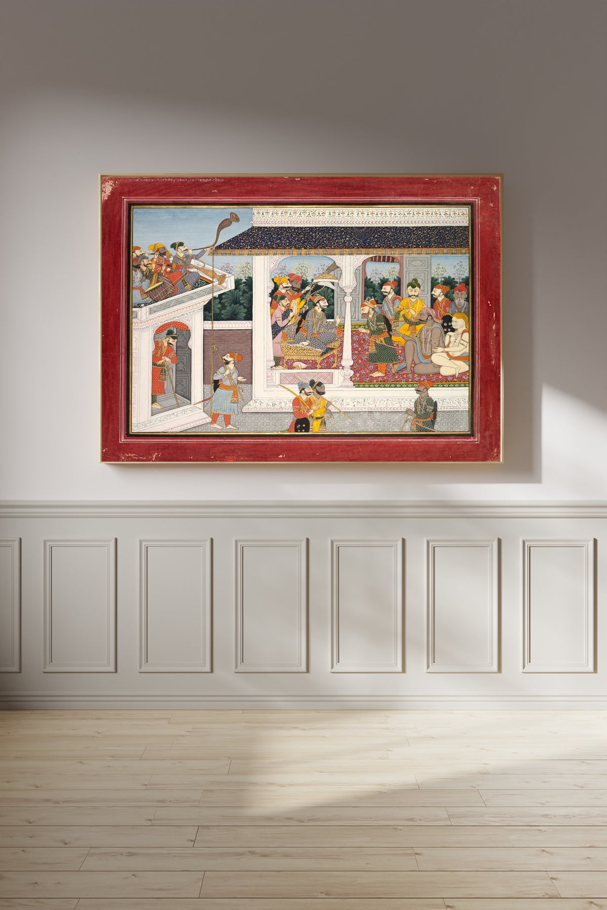 Framed art print of Kamsa deploys Akrura and Keshi to Braj by Pahari school, on a panelled wall in afternoon light
