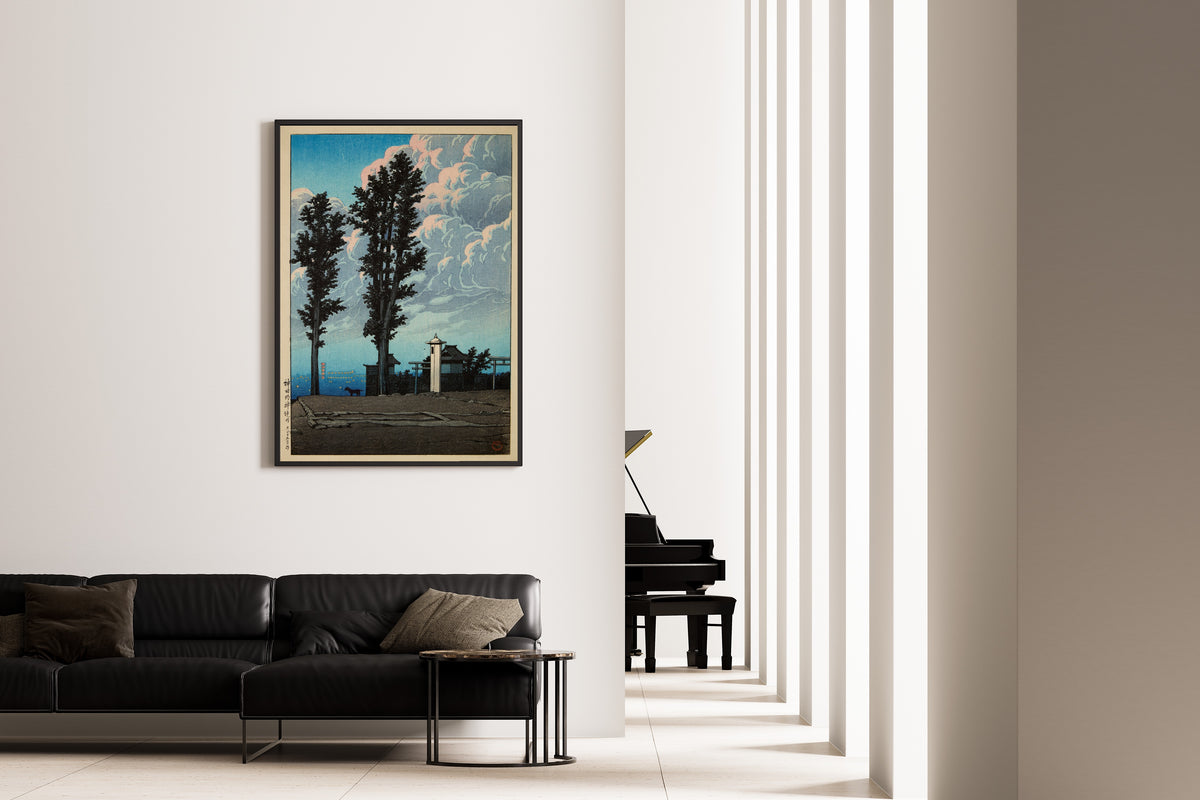 Framed art print of Kanda Myojin Shrine Precinct by Kawase Hasui, on the wall of a minimal living room