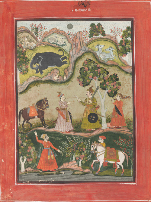 Kanhara Ragini: Song of Inspiration to Krishna for Killing the Elephant Demon by Bundi or Kota school — Three men confer beneath a hill where an elephant rests