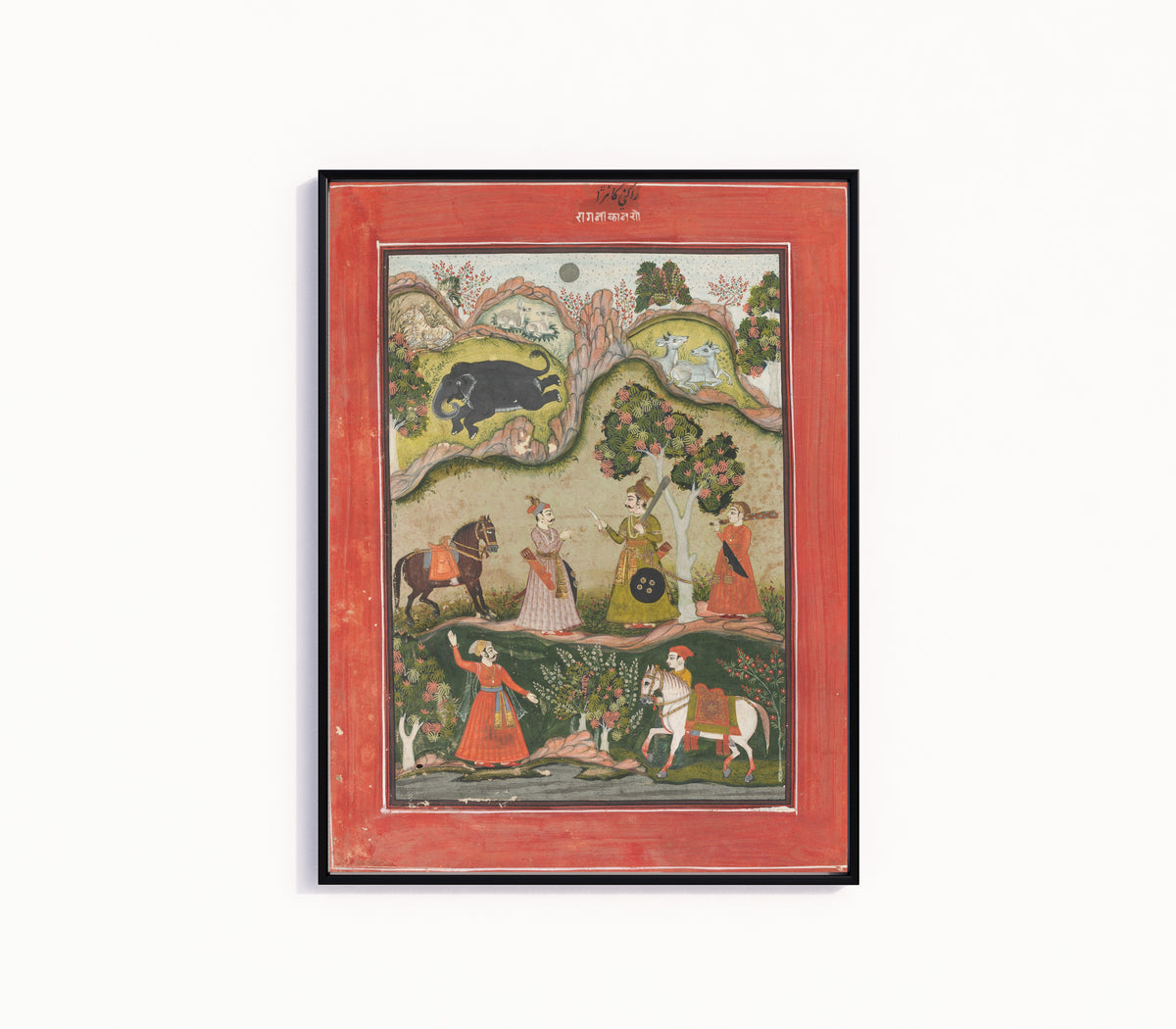 Framed art print of Kanhara Ragini: Song of Inspiration to Krishna for Killing the… by Bundi or Kota school, in a slim black frame on a plain white wall