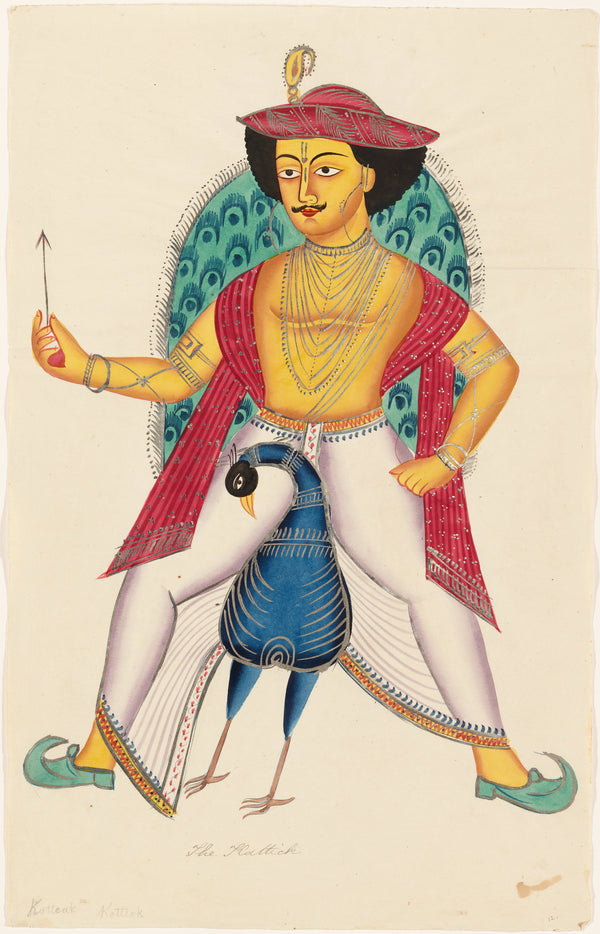 Kalighat painter — Kartikeya on a Peacock | Kalighat Painting Print