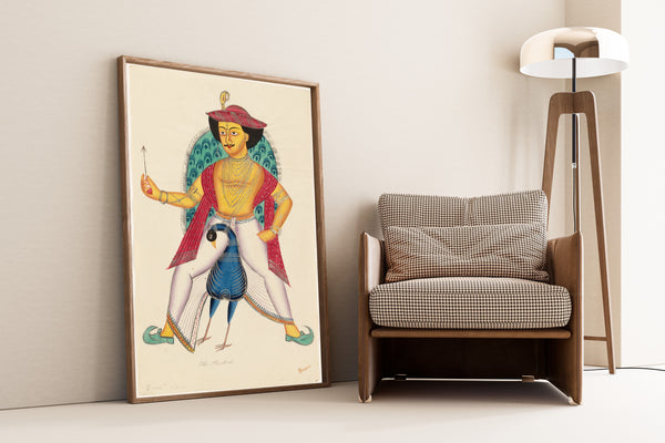 Kalighat painter — Kartikeya on a Peacock | Kalighat Painting Print