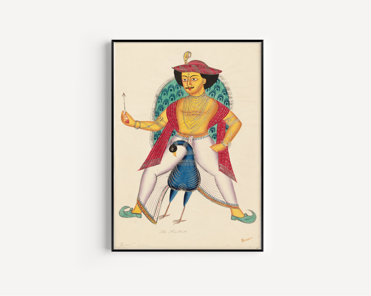 Kalighat painter — Kartikeya on a Peacock | Kalighat Painting Print