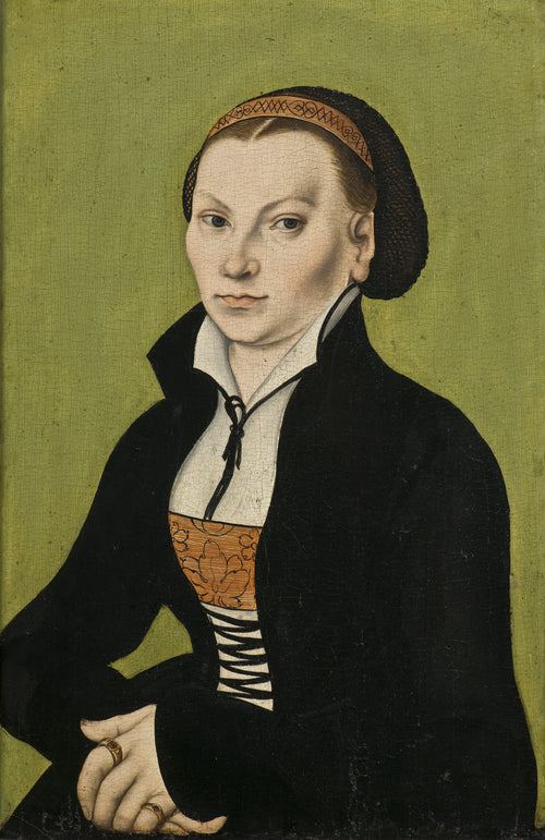 Katharina von Bora, Wife of Martin Luther by Lucas Cranach the Elder — A young woman in a black coat and orange bodice on a green ground