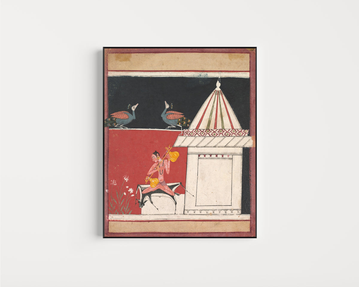 Framed art print of Kedara Ragini by Malwa school, in a slim black frame on a plain white wall