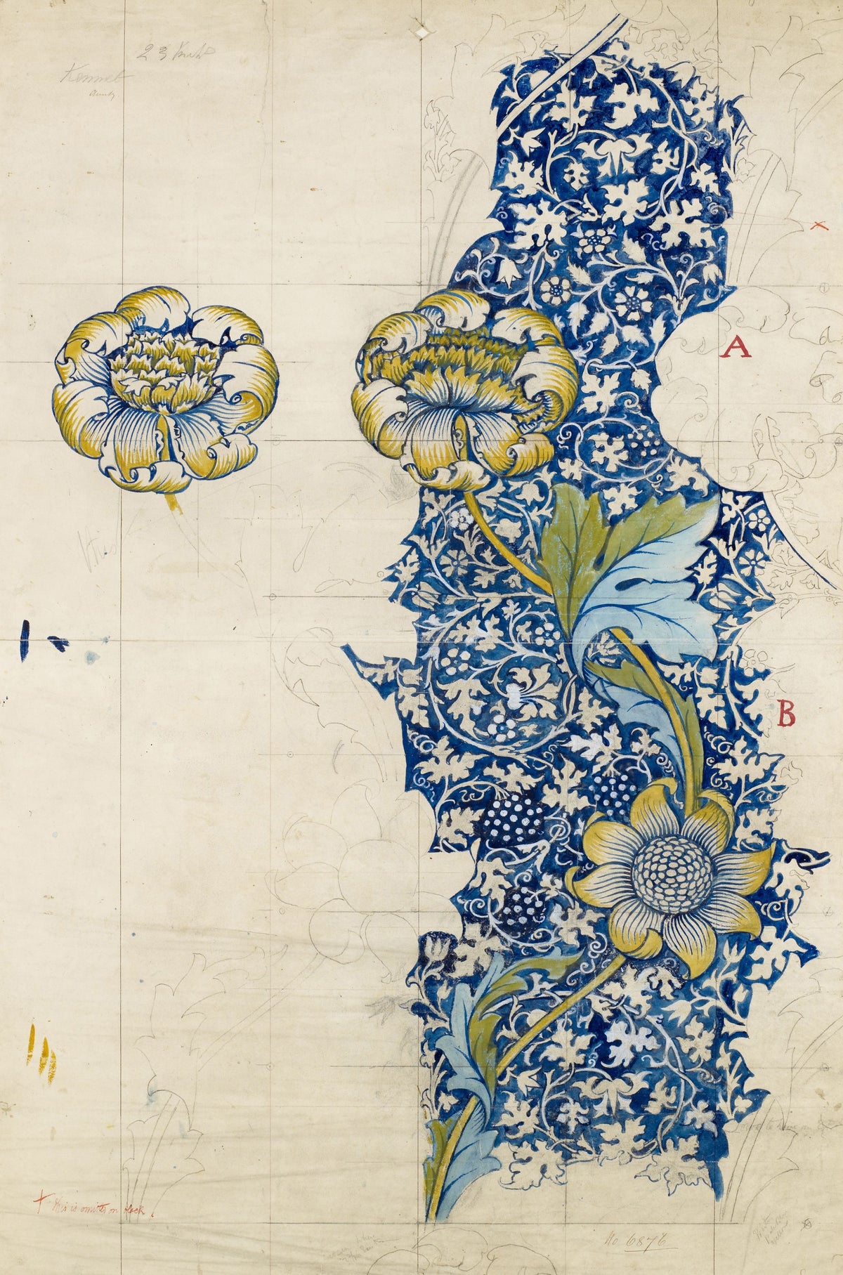 Kennet (Design Drawing) by William Morris — A textile design painted in blue and yellow on pencilled paper