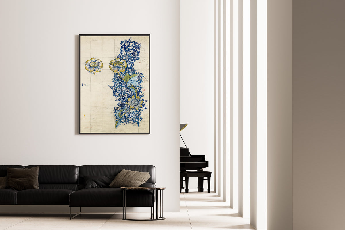 Framed art print of Kennet (Design Drawing) by William Morris, on the wall of a minimal living room