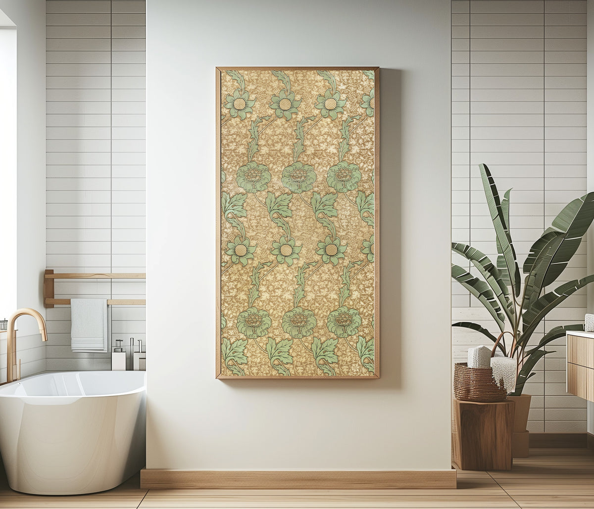 Framed art print of Kennet by William Morris, in a bathroom beside a freestanding tub