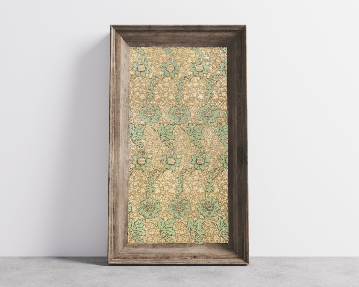 Framed art print of Kennet by William Morris, in a wide wooden frame leaning against a concrete wall