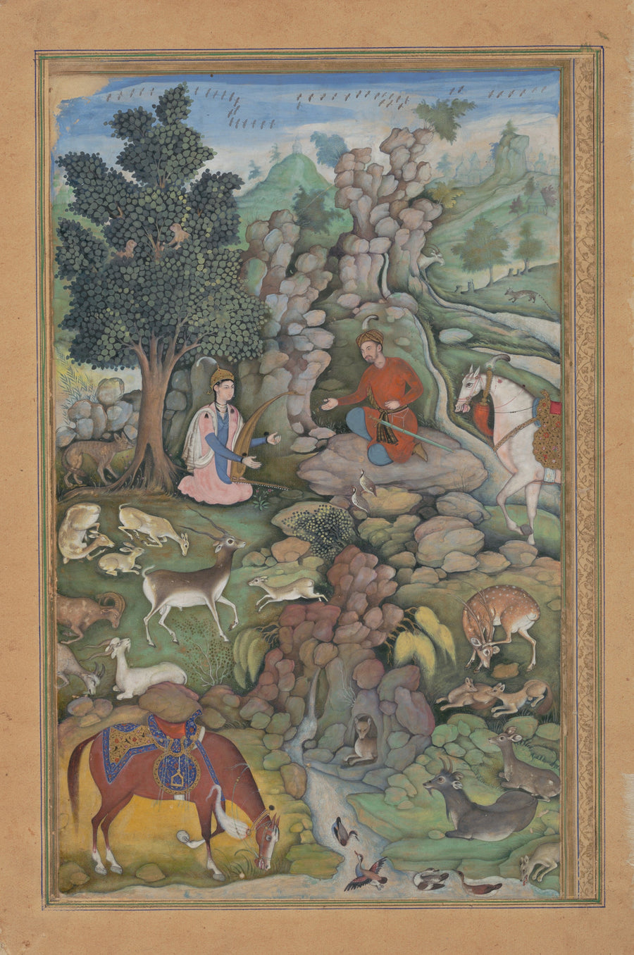 Miskin (attributed) — Khamsa of Amir Khusrau Dihlavi: Bahram Gur Sees a Herd of Deer Mesmerized by Dilaram's Music | Mughal Painting Art Print shown to scale on a wall above a sofa
