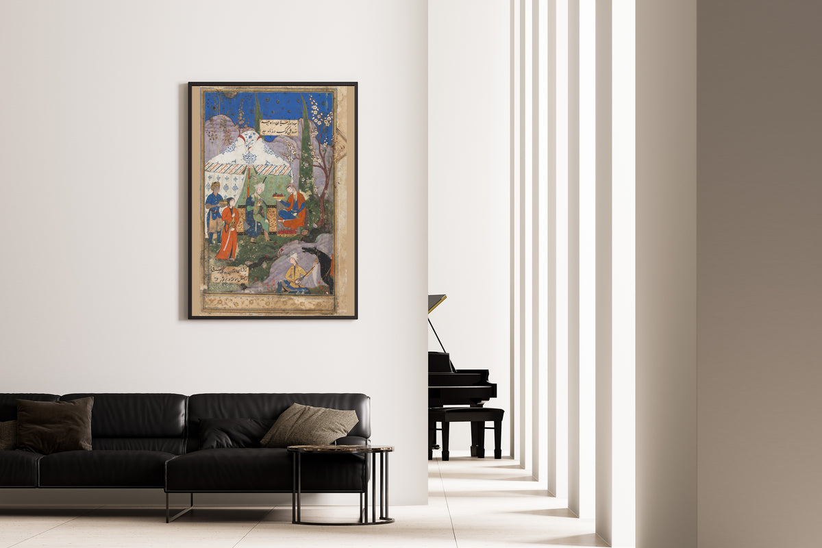 Framed art print of Khamsa of Nizami: An Episode from the Story of the Sasanian King Khusrau and His Beloved Shirin, on the wall of a minimal living room