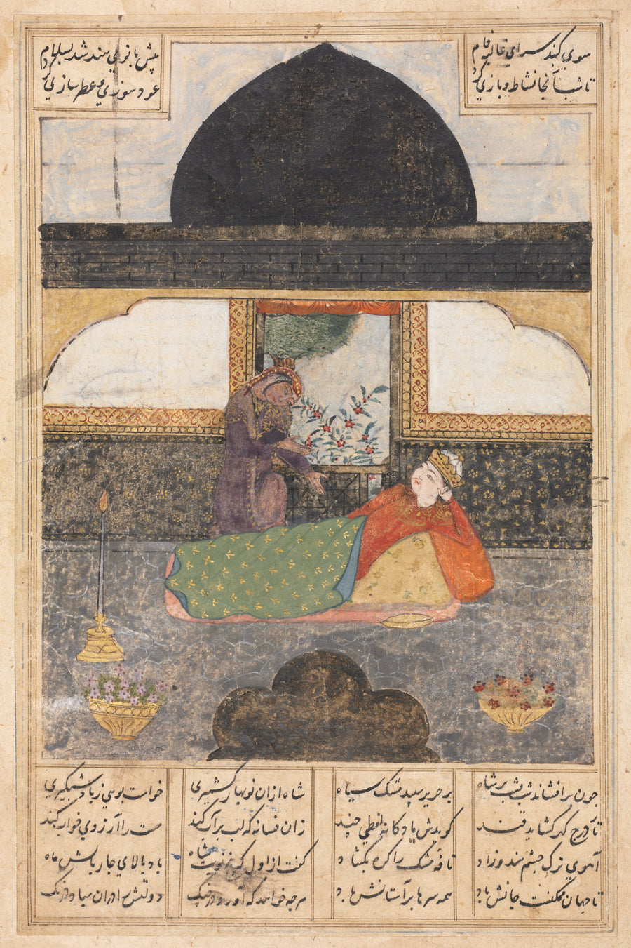 Khamsa of Nizami: Bahram Gur Visits the Princess of India in the Black Pavilion | Persian Miniature Art Print shown to scale on a wall above a sofa