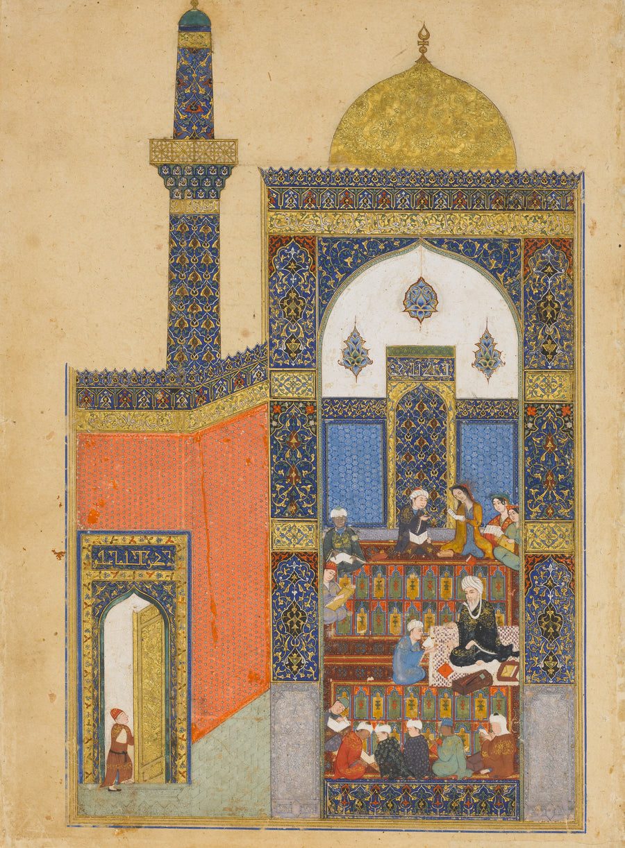 Khamsa of Nizami: Laila and Majnun at School | Persian Miniature Art Print shown to scale on a wall above a sofa