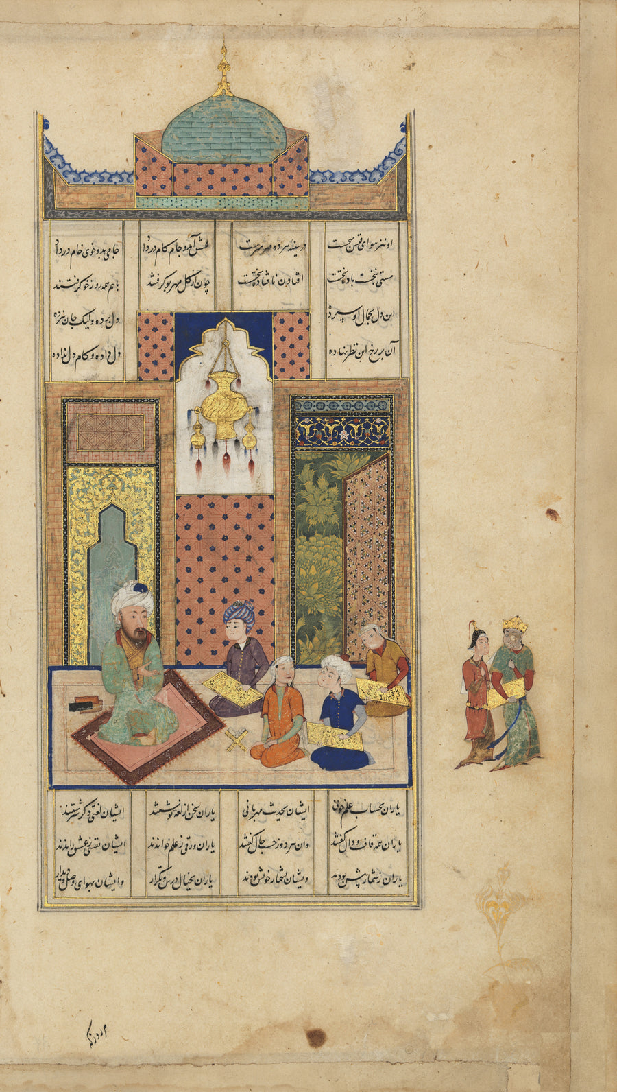 Khamsa of Nizami: Layla and Majnun at School (Turquoise Dome) | Persian Miniature Art Print shown to scale on a wall above a sofa