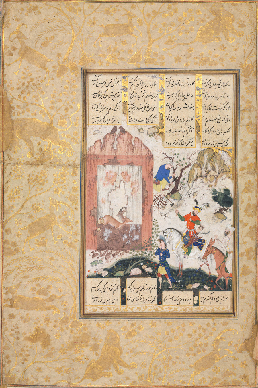 Khamsa of Nizami: Nushirwan Listens to the Owls | Persian Miniature Art Print shown to scale on a wall above a sofa