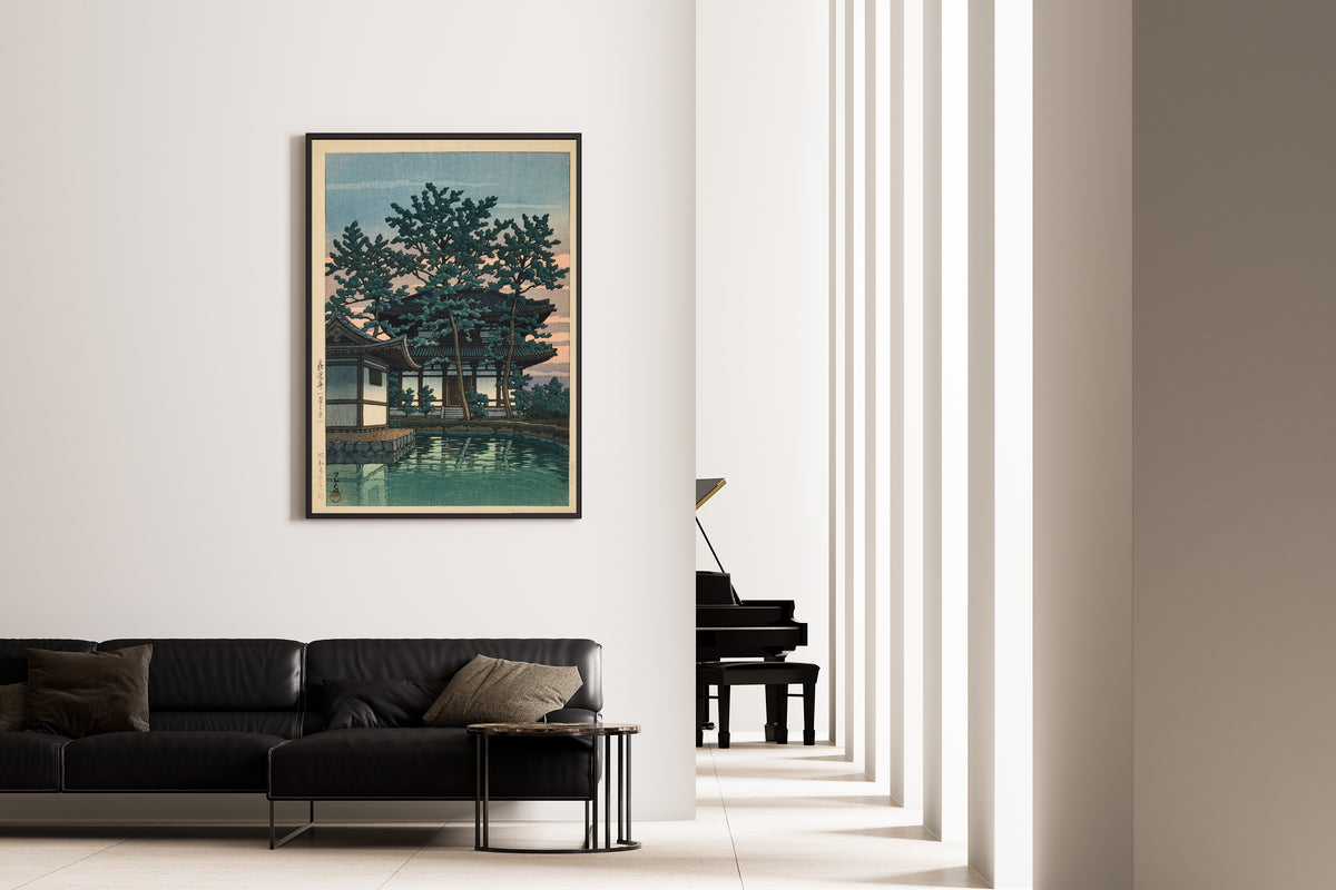 Framed art print of Kiko Temple, Nara Prefecture by Kawase Hasui, on the wall of a minimal living room