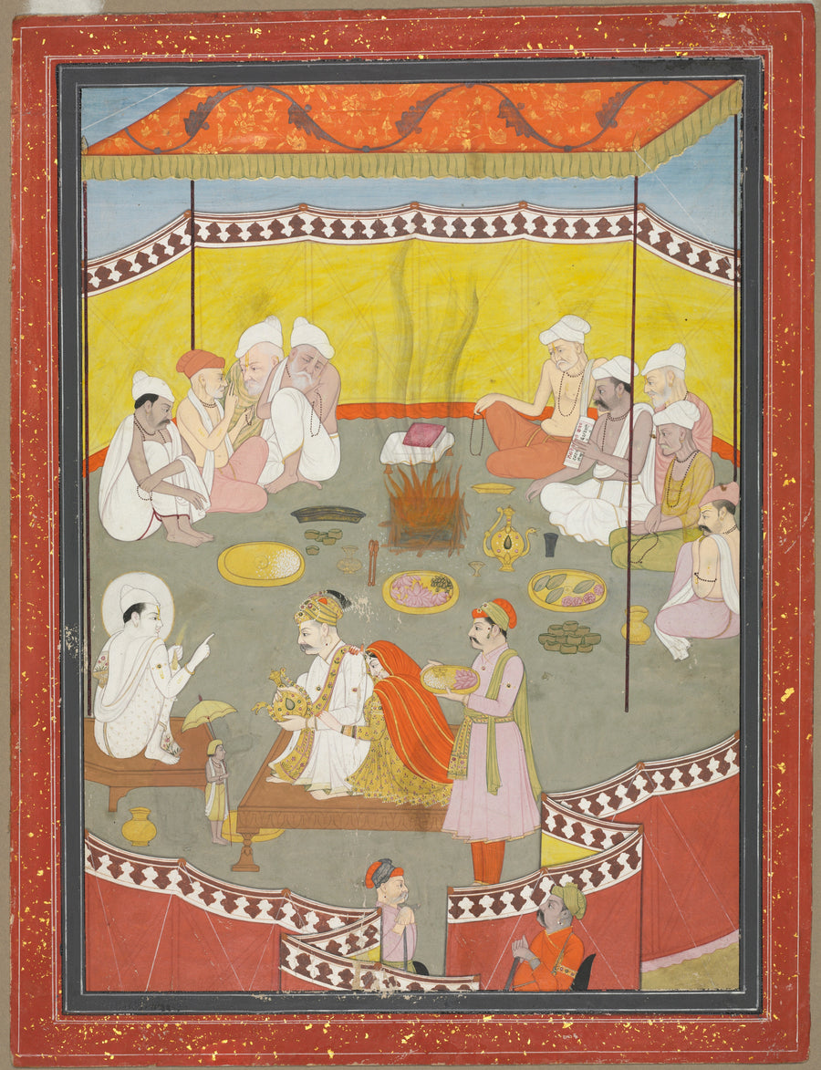 Pahari school — King Bali Gives a Gift of Land to Vamana | Indian Miniature Painting Print shown to scale on a wall above a sofa